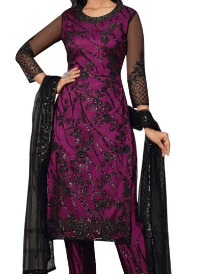 Purple color Women Soft Net Embroidery Work Straight Salwar Suit