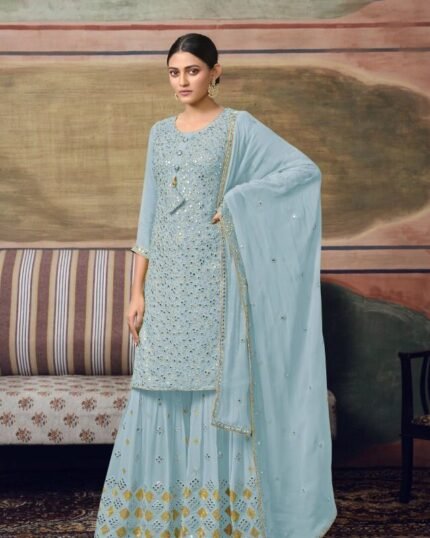 Sky Blue Georgette Semi-Stitched Sharara Salwar Suit