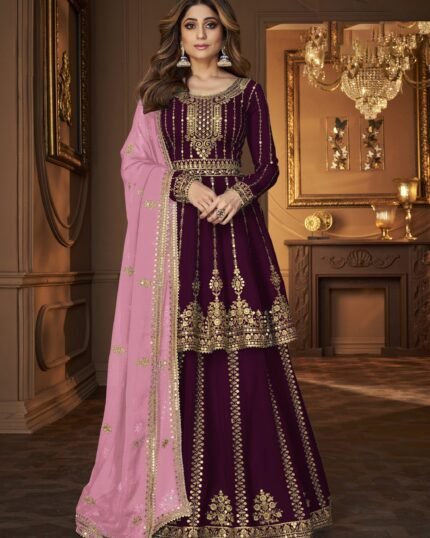 Purple Georgette Embroided Semi Stitched Ghaghra Suit