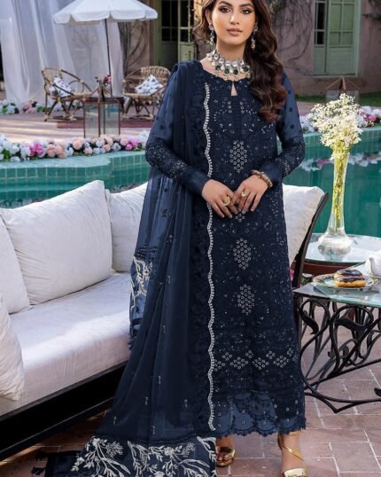 Sea Blue Embroidery Sequence Work Semi Stitched Salwar Suit
