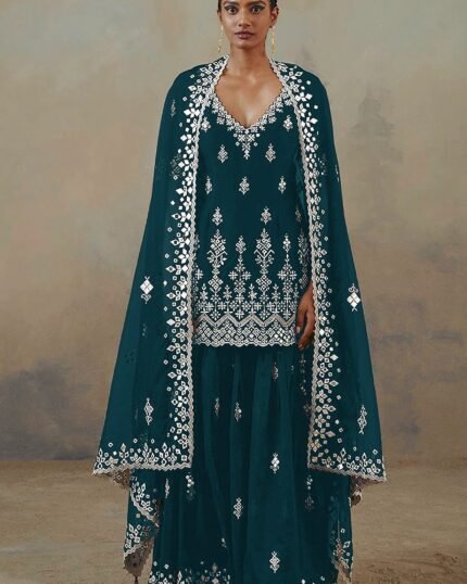 Sea Blue Color Faux Georgette With Cotton Mirror Work Sharara Salwar suit