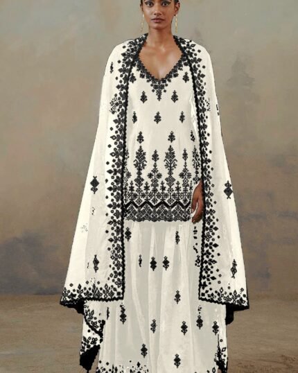 White Color Faux Georgette With Cotton Mirror Work Sharara Salwar suit