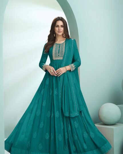 Sea Blue Color faux Georgette With Embroidery Long Anarkali Suit