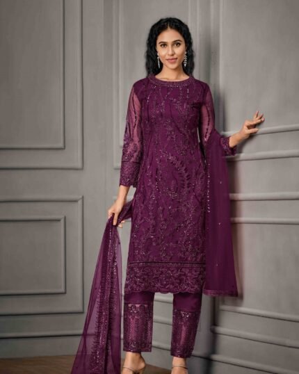 Purple Color Women Soft Net Embroidery Work Straight Salwar Suit For Woman