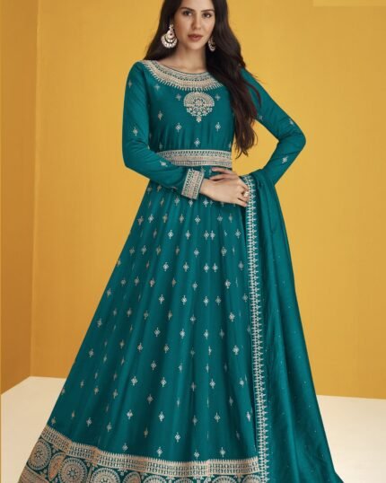 Sea Blue Color Faux Georgette With Embroidery Work Gown Anarkali Suit