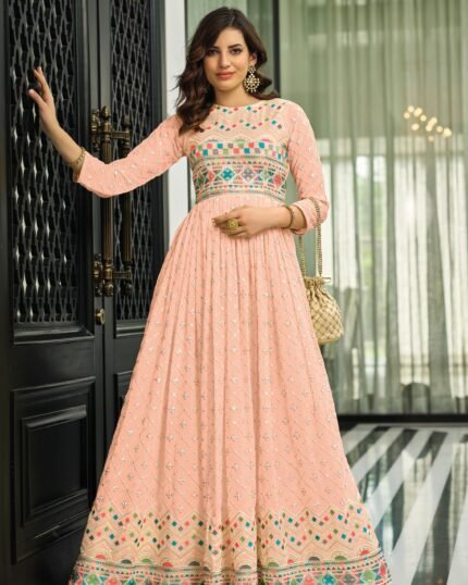 Peach Color Faux Georgette Heavy Embroidery Work Gown Anarkali Salwar Suit