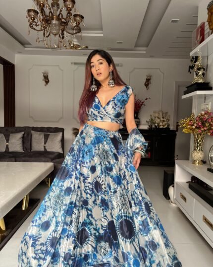 Party Wear Digital Print Organza Silk Blue Lehenga Choli