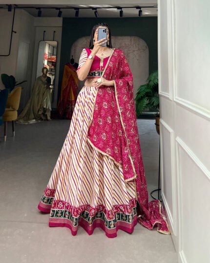 Multi Leheriya Print White Lehenga With Pink Choli