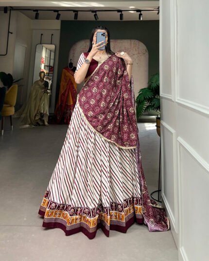 Multi Leheriya Print White Lehenga With Wine Choli