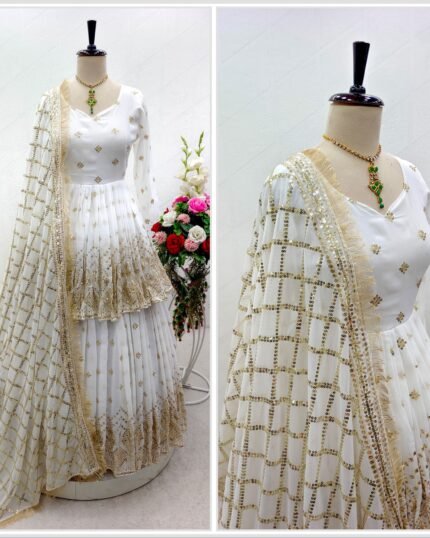 Glorious Embroidery Sequence Work White Lehenga With Top