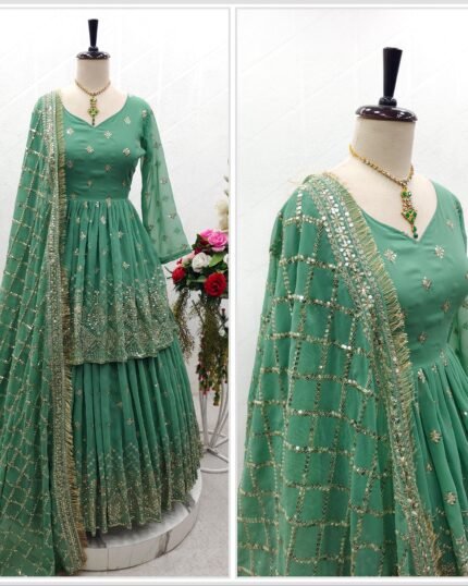 Glorious Embroidery Sequence Work Green Lehenga With Top