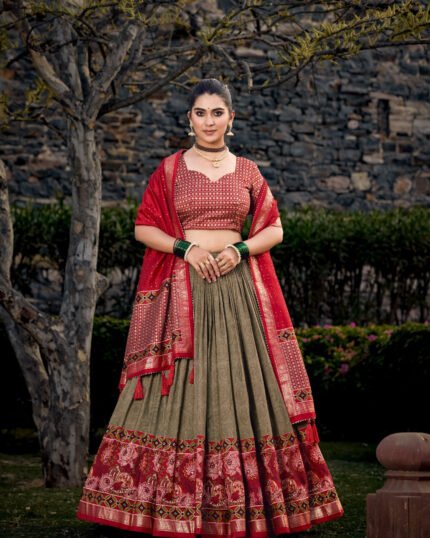 Mehndi and Red Color Ceremony Wear Lehenga Choli