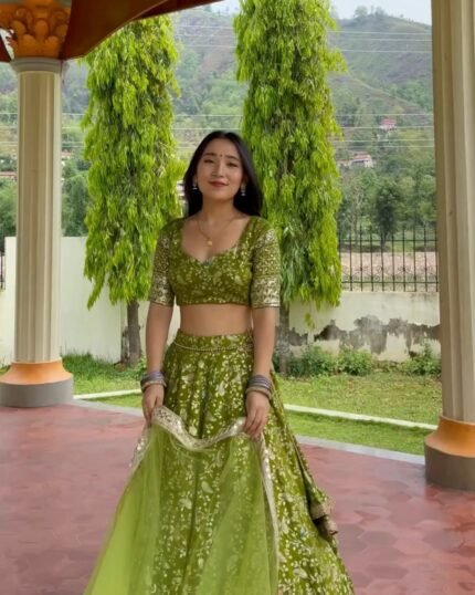 Glorious Sequence Embroidery Work Green Lehenga Choli