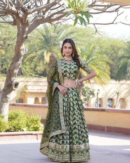 Flattering Green Color Jacquard Embroidered Lehenga Choli