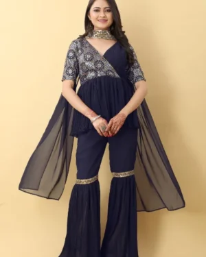 Navy Blue Georgette Pleated Embroidery thread Royal Sharara