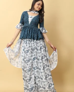 Rama Blue Peplum Style Bandhej Sharara
