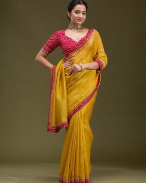 Mustard Printed Satin Saree