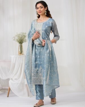 Sea Green Threadwork Semi Crepe Readymade Salwar Suit