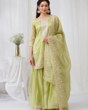 Pista Green Threadwork Semi Crepe Readymade Salwar Suit