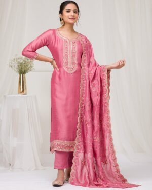 Onion Pink Threadwork Raw Silk Readymade Salwar Suit
