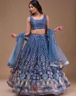 Navy Blue Swaroski Banarasi Readymade Lehenga