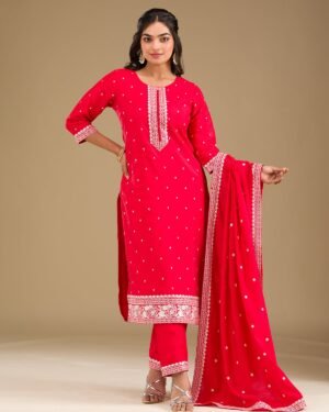 Red Threadwork Semi Crepe Readymade Salwar Suit