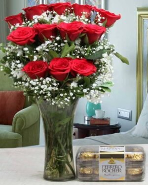 Ferrero Rocher Chocolate  And Red Roses Arrangement