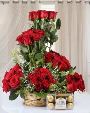 Ferrero Rocher Chocolate With Designer Red Roses In Basket