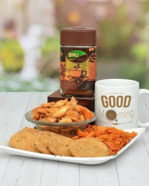 Haldiram Masala Namkeen, Mathri Namkeen, Soya Stick In A Plate With Coffee & Mug