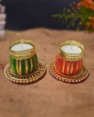 Drum dholak Tealight Candle Holder with metal base chudi/ Diya Decorated with Tea Lights For Pooja Mandir, Diwali decor / Festive decor product