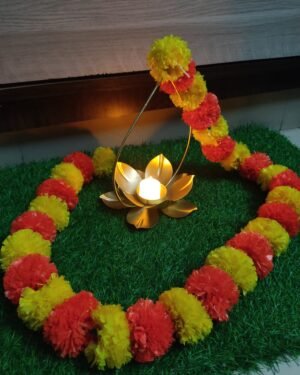 ( set of 5 , LED candles included ) 4.5 feet Metal Lotus Candle holder Stand attached to marigold garland / Lotus tea light candle holder decoration for diwali ?? & events