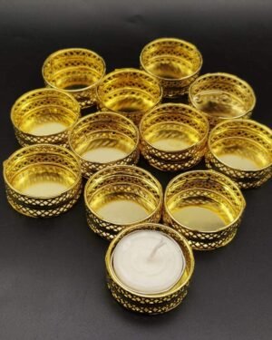 Metal Tealight Candle Holder Stands Round for Pooja thali Decoration - 24 Pieces, Golden Color