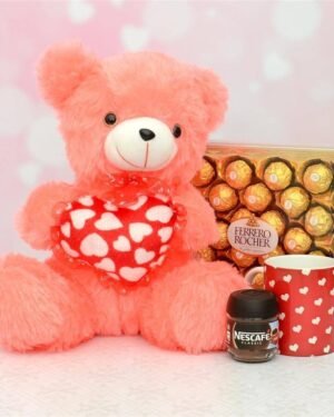 Peach Color Love Teddy With Ferrero Rocher Hamper