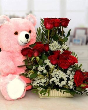 Pink Teddy Bear With Exotic Red Rose Basket