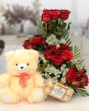 Red Rose Basket With Cream Teddy & Chocolate