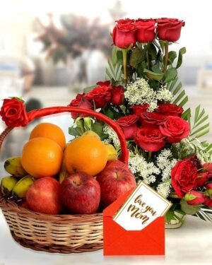Red Rose Basket With Tasty Fruit Basket Mor Mom
