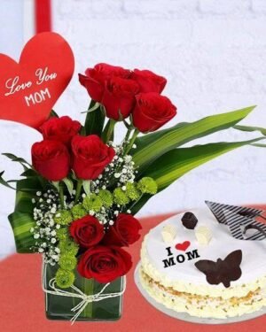 Red Rose Vase With Butterscotch Cake