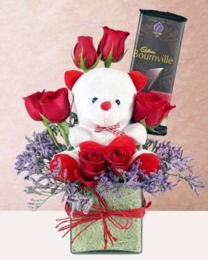 Vase Of Teddy With Red Roses And Bournville Chocolate